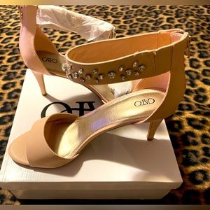 Pale Pink Bedazzled Ankle Strap Heels.